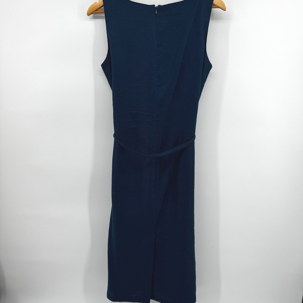 Talbots Petites Navy Blue 100% Linen Sleeveless Midi Sheath Dress Size 8P Belt - Picture 9 of 10